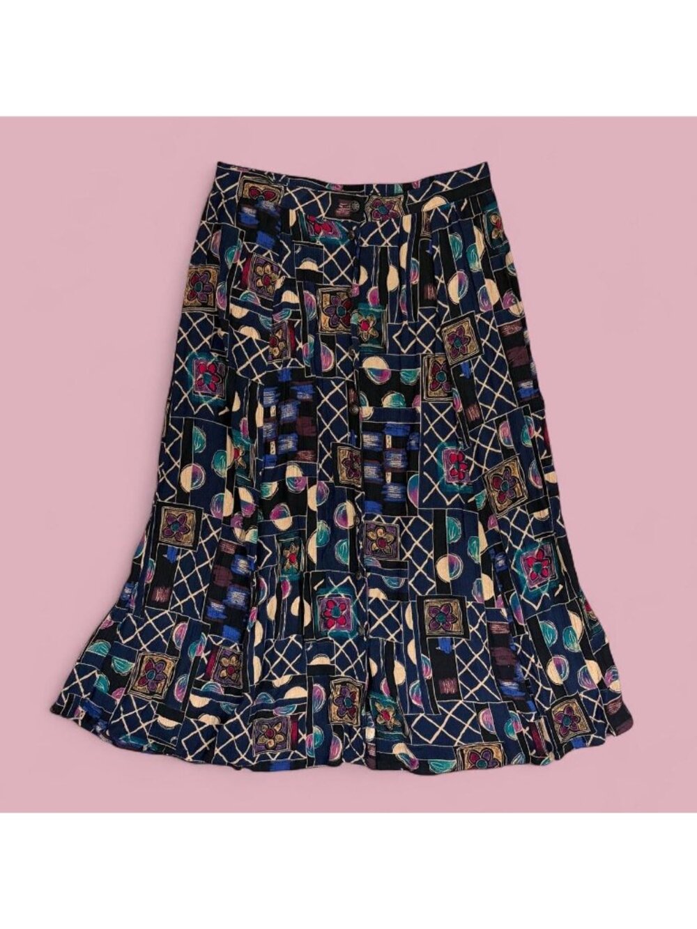 90s floral patchwork geometric button front skirt